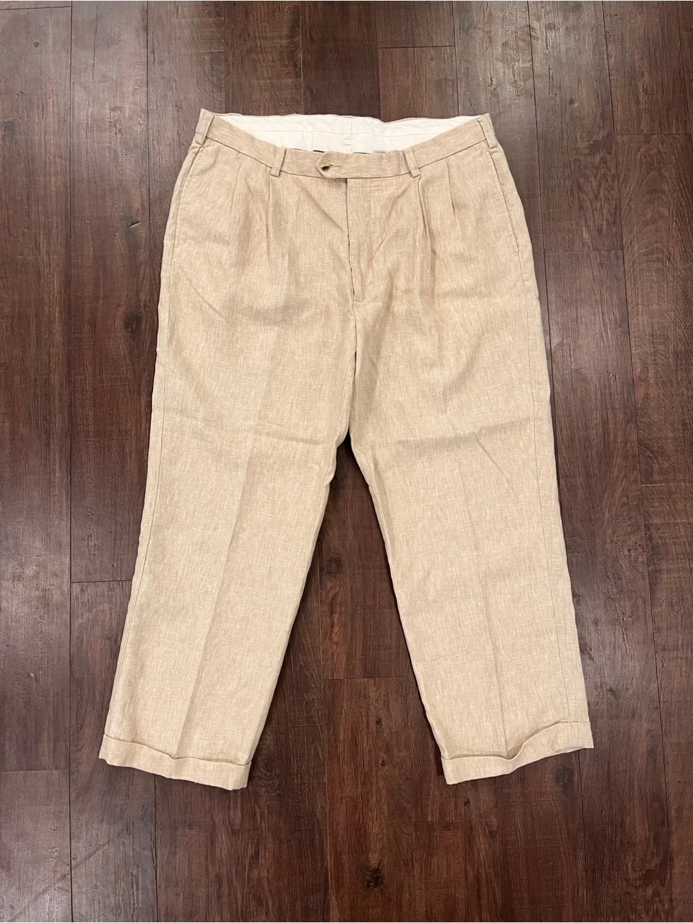 Jos. A. Bank Mens 38x32 Khaki 100% Linen Pleated Traveler's Collection Pants